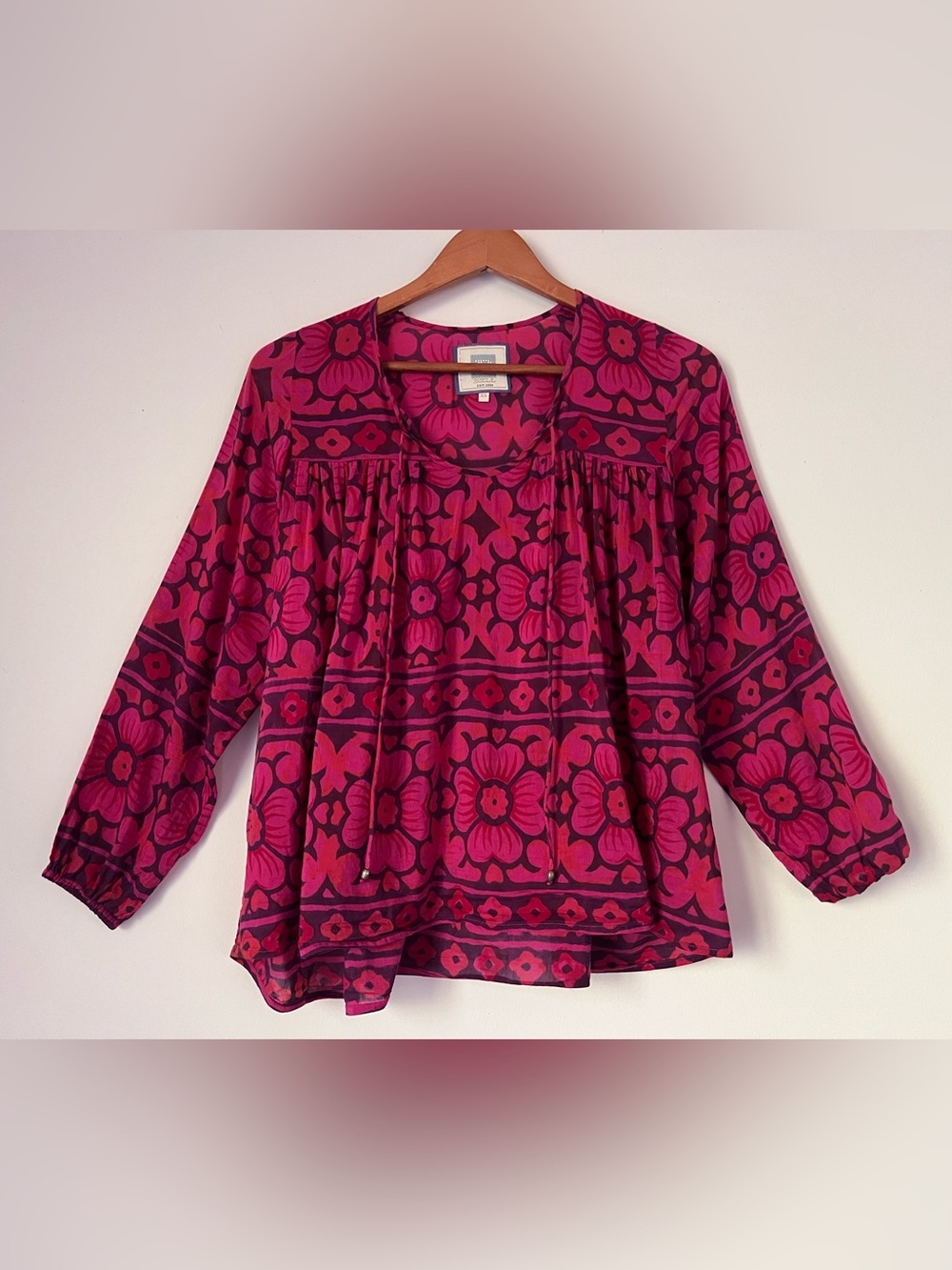 BELL by Alicia Bell Silk Cotton Hand Block Floral Peasant Blouse Pink Purple XS